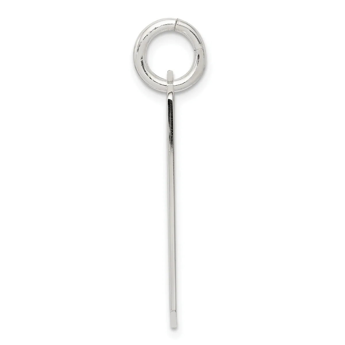 A silver-toned stirring rod or cocktail pick with a circular loop handle at the top and a long thin shaft extending downward.