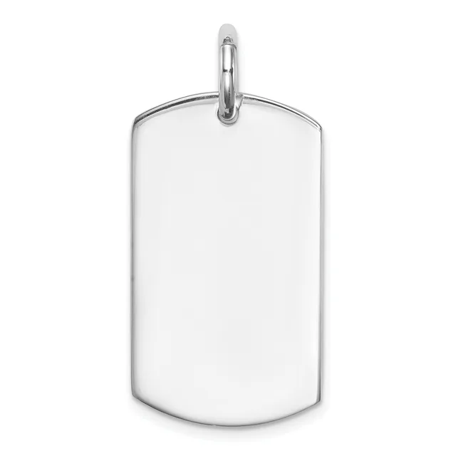 A blank silver dog tag pendant with rounded corners hanging from a small metal loop and chain against a white background.