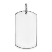 A blank silver dog tag pendant with rounded corners hanging from a small metal loop and chain against a white background.
