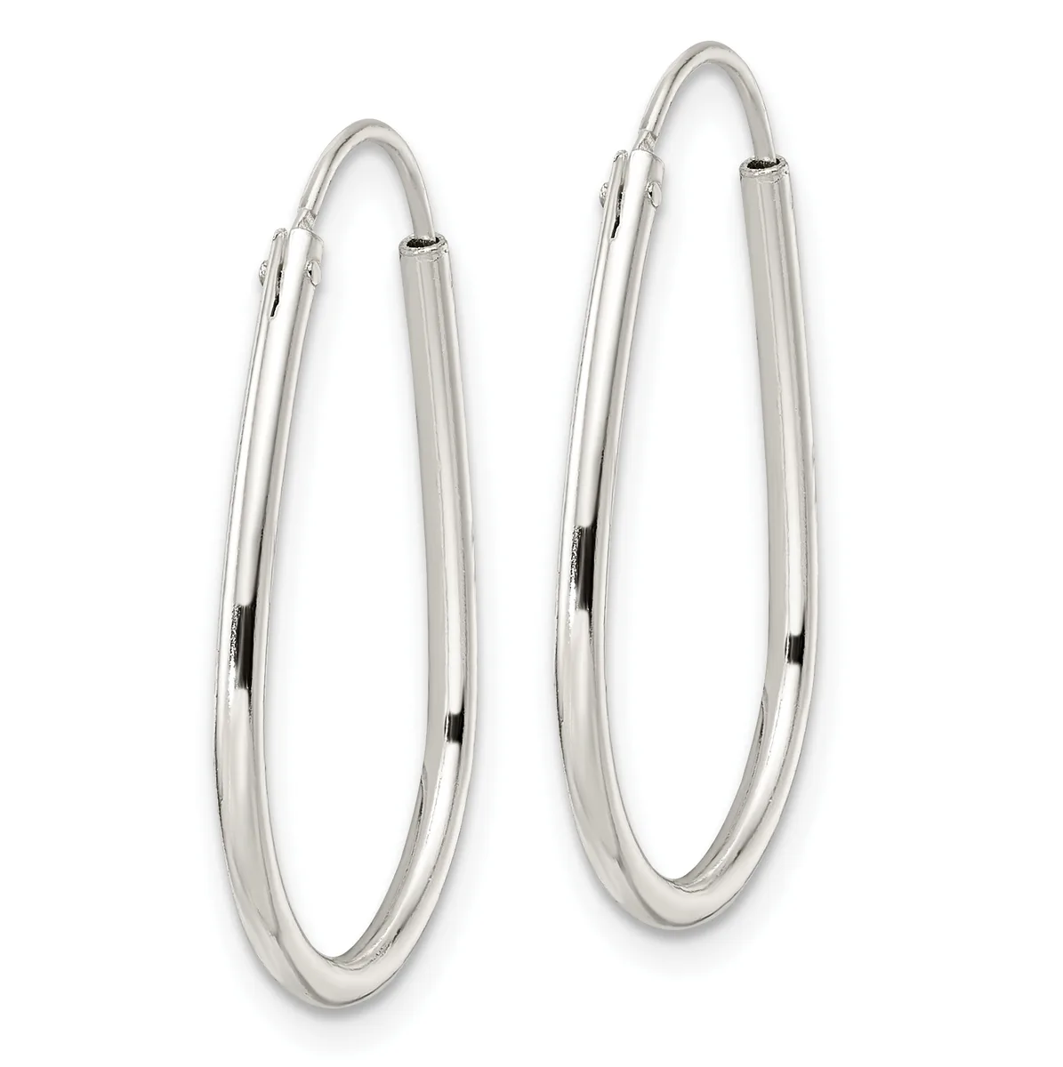 Two silver hoop earrings with polished surfaces and lever-back closures, displayed side by side against a white background.