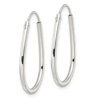 Two silver hoop earrings with polished surfaces and lever-back closures, displayed side by side against a white background.