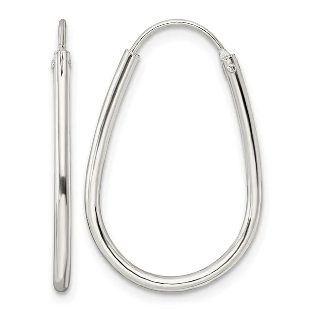 A pair of polished silver oval hoop earrings shown from the front and side views, displaying the smooth curved tubing and hinged closure posts.