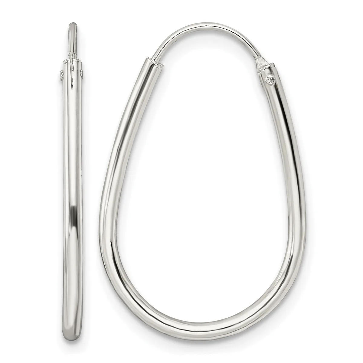 A pair of polished silver oval hoop earrings shown from the front and side views, displaying the smooth curved tubing and hinged closure posts.