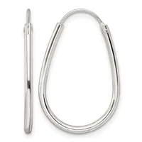 A pair of polished silver oval hoop earrings shown from the front and side views, displaying the smooth curved tubing and hinged closure posts.