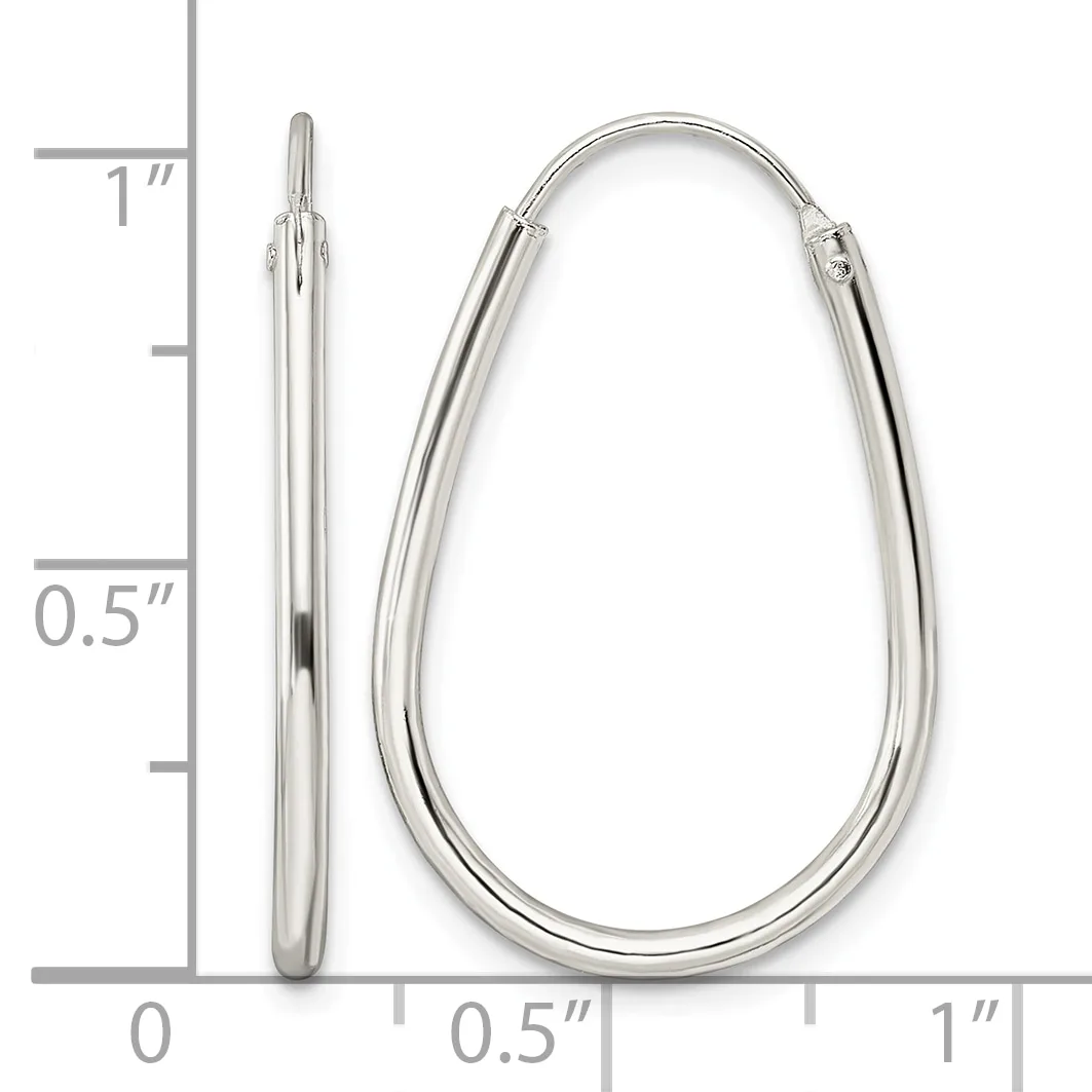 Two silver hoop earrings displayed next to a measurement ruler, one thin and closed, one larger and open teardrop-shaped with a hinge closure.