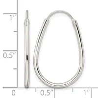 Two silver hoop earrings displayed next to a measurement ruler, one thin and closed, one larger and open teardrop-shaped with a hinge closure.