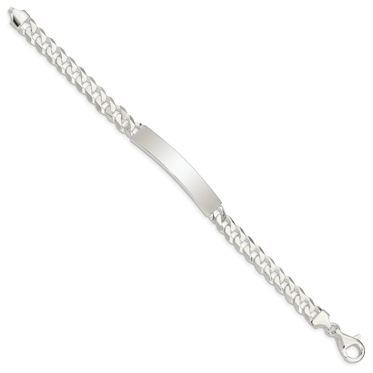 Silver curb chain bracelet with a rectangular nameplate panel in the center, displayed against a white background.