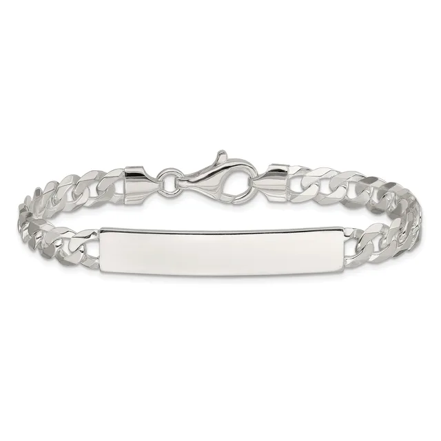 A silver curb chain bracelet with a rectangular blank plaque attached to the center and a lobster claw clasp.