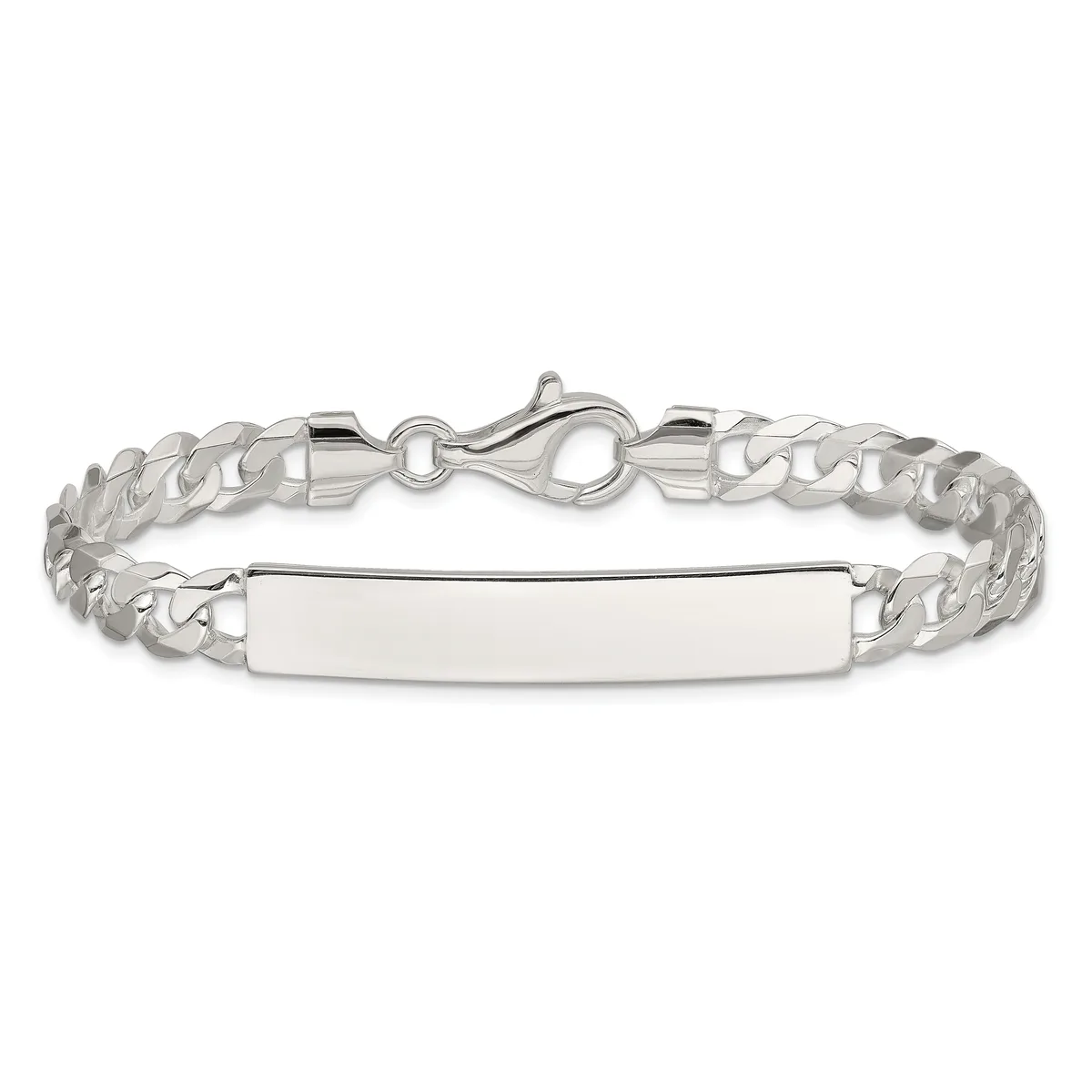 A silver curb chain bracelet with a rectangular blank plaque attached to the center and a lobster claw clasp.