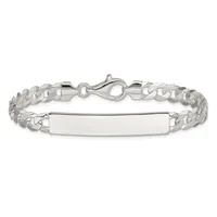 A silver curb chain bracelet with a rectangular blank plaque attached to the center and a lobster claw clasp.