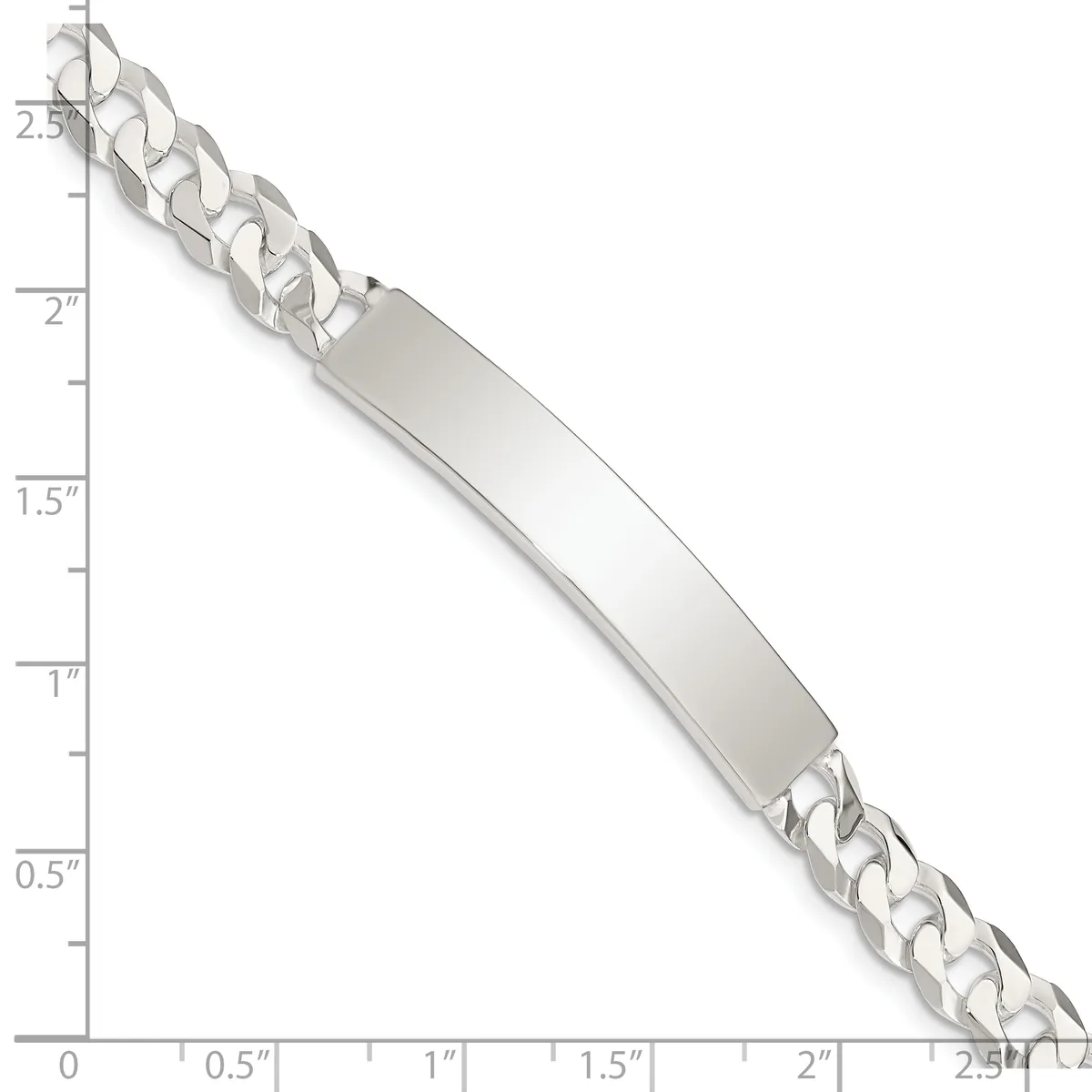 Silver curb chain bracelet with rectangular engravable plate, displayed against a ruler showing approximately 2.5 inches total length.