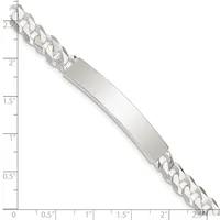 Silver curb chain bracelet with rectangular engravable plate, displayed against a ruler showing approximately 2.5 inches total length.