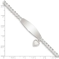 Silver bracelet with an oval nameplate and small heart charm hanging from curb chain, displayed against a ruler showing approximately 2.5 inches in length.
