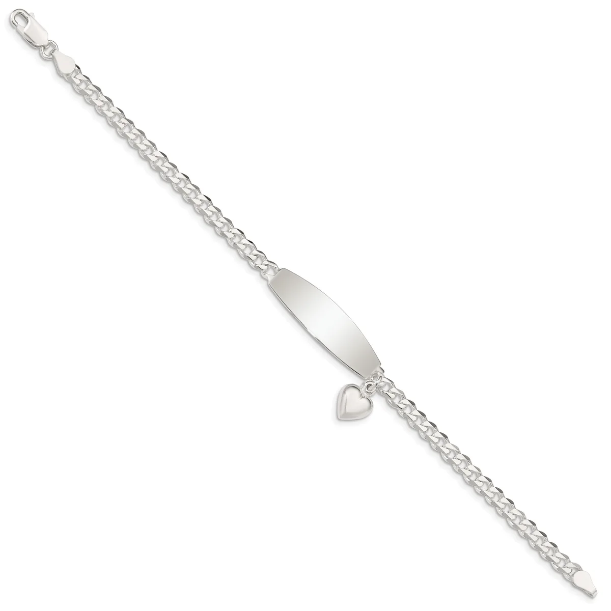 A silver bracelet with a textured chain link design, featuring an oval identification plate and a small heart charm hanging from the center.