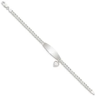 A silver bracelet with a textured chain link design, featuring an oval identification plate and a small heart charm hanging from the center.
