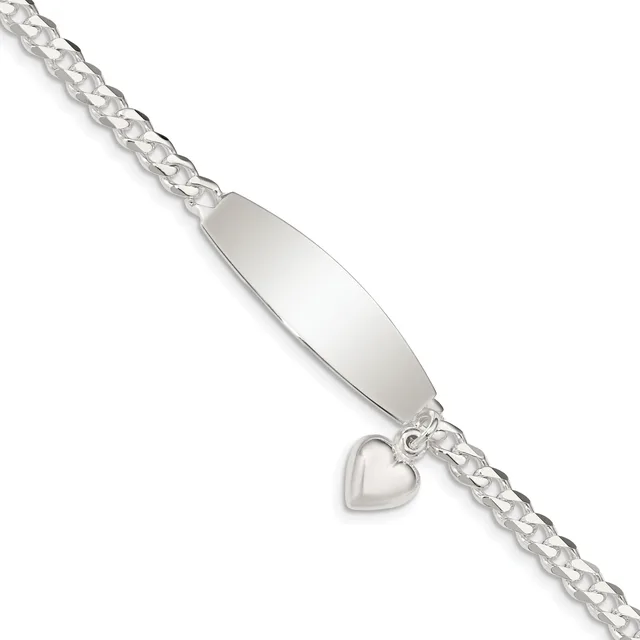 Sterling Silver Polished Engravable Curb Link w/Dangle Heart Charm and Oval 32x9mm Plate 7.5 inch ID Bracelet — 7.5 · Sterling Silver