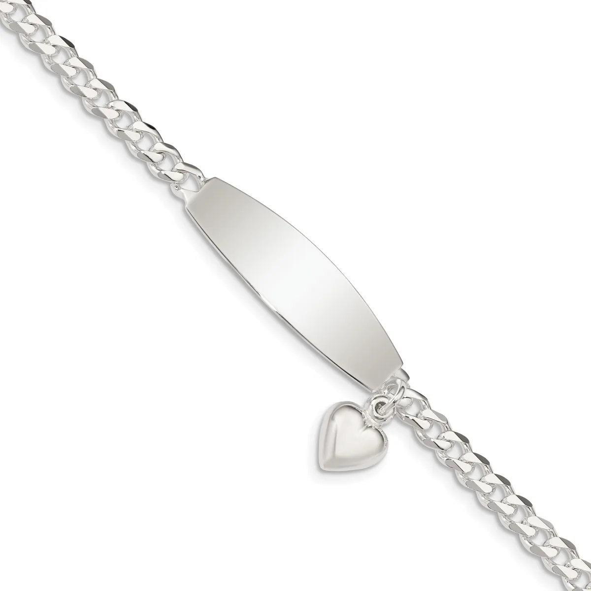 Sterling Silver Polished Engravable Curb Link w/Dangle Heart Charm and Oval 32x9mm Plate 7.5 inch ID Bracelet — 7.5 · Sterling Silver