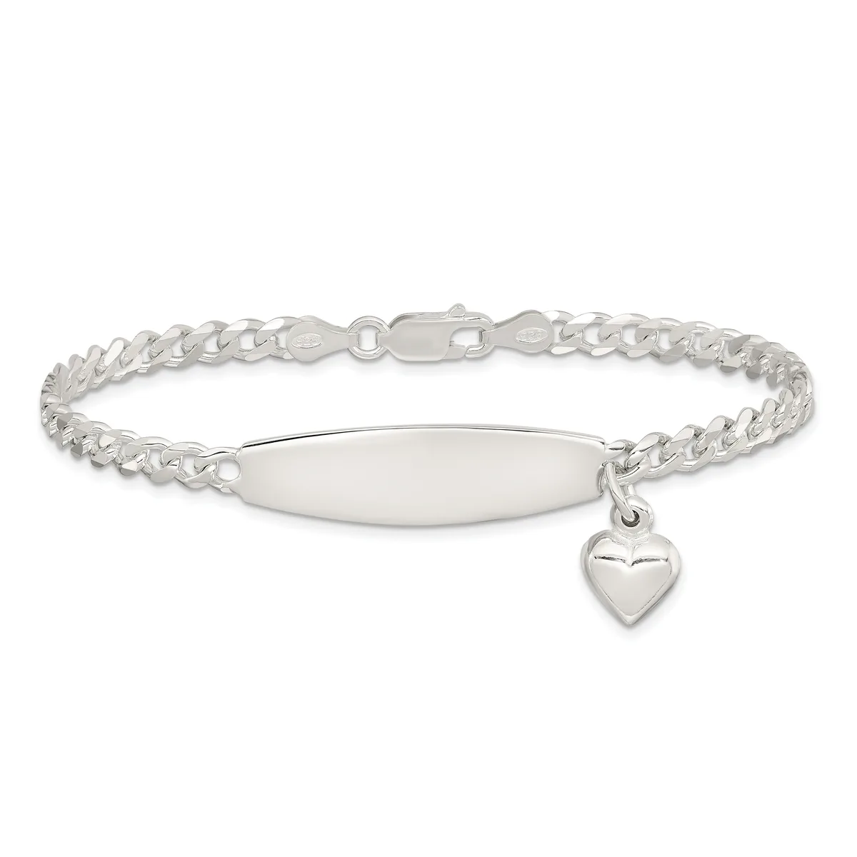 Sterling silver curb chain bracelet with a blank rectangular ID plate and a small heart charm pendant attached.