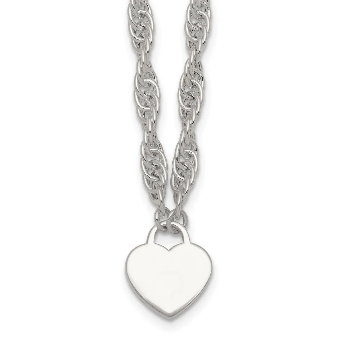 Silver-toned chain necklace with a twisted rope link design and a polished heart-shaped pendant hanging from the center.