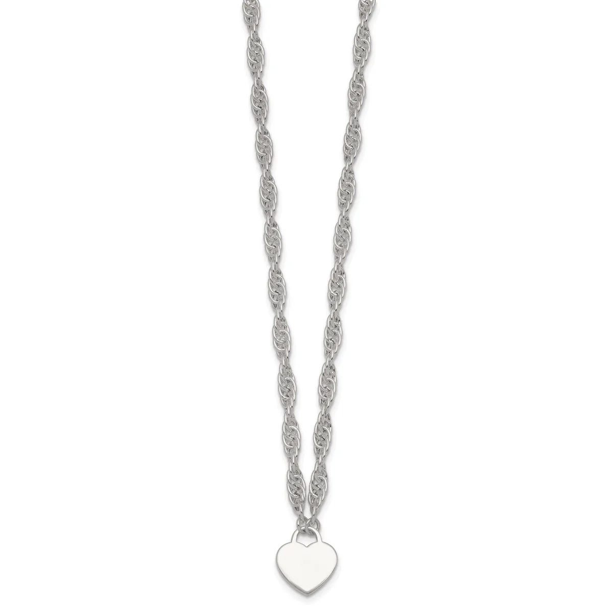 Silver-toned twisted rope chain necklace with a small polished heart pendant hanging from the center.