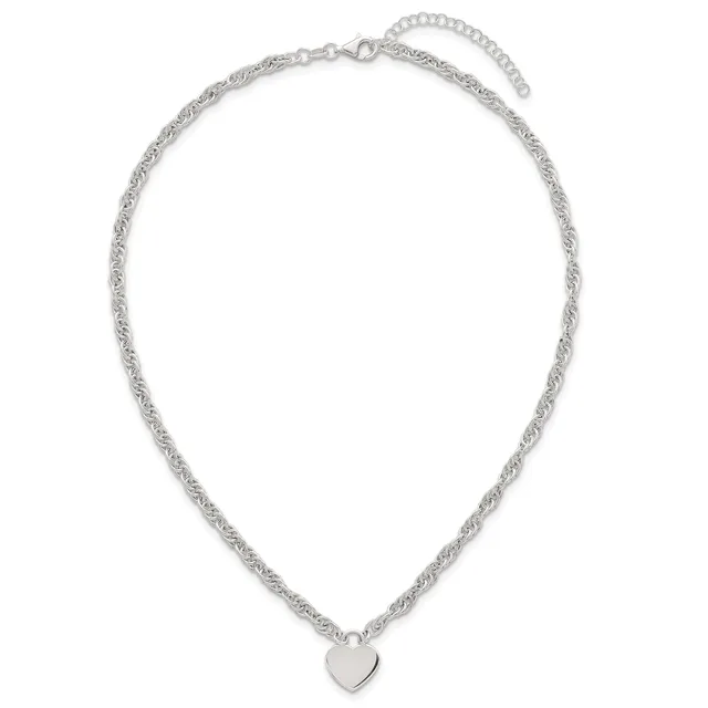 Silver-toned twisted chain necklace with an adjustable extender chain and a small heart pendant hanging at the center.