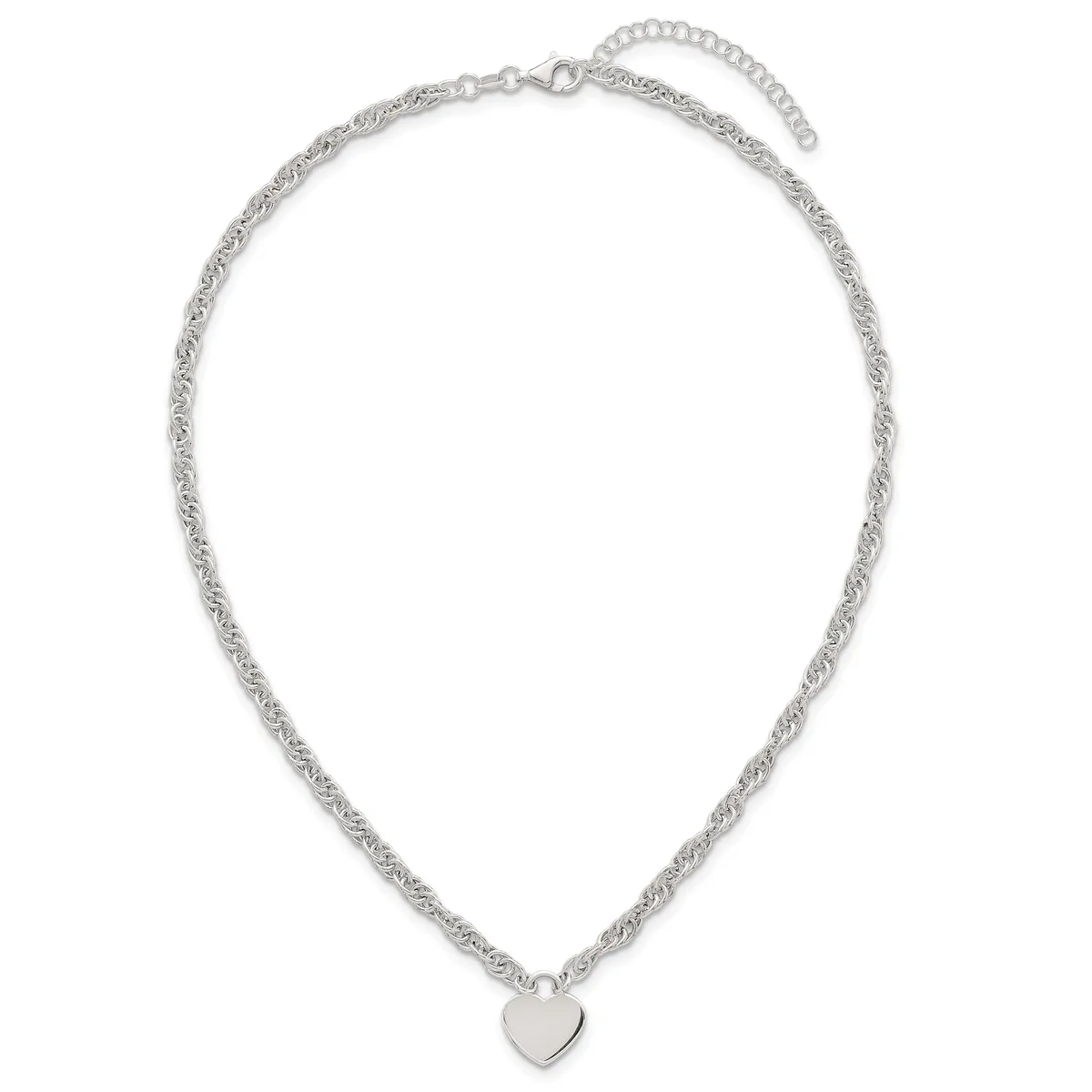 Silver-toned twisted chain necklace with an adjustable extender chain and a small heart pendant hanging at the center.
