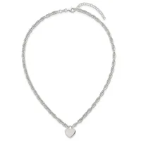 Silver-toned twisted chain necklace with an adjustable extender chain and a small heart pendant hanging at the center.