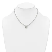 Silver-toned chain necklace with a small heart-shaped pendant, displayed on a white mannequin bust.