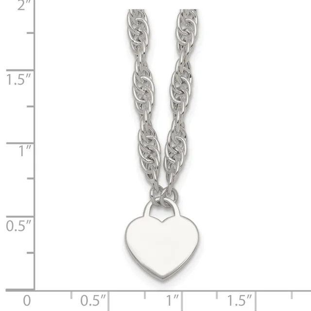 Silver twisted chain necklace with a plain polished heart pendant, shown against a measurement scale indicating approximately two inches in length.