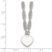 Silver twisted chain necklace with a plain polished heart pendant, shown against a measurement scale indicating approximately two inches in length.