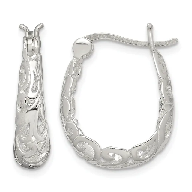 A pair of silver hoop earrings with ornate engraved scrollwork design and lever-back closures, displayed from front and side angles.
