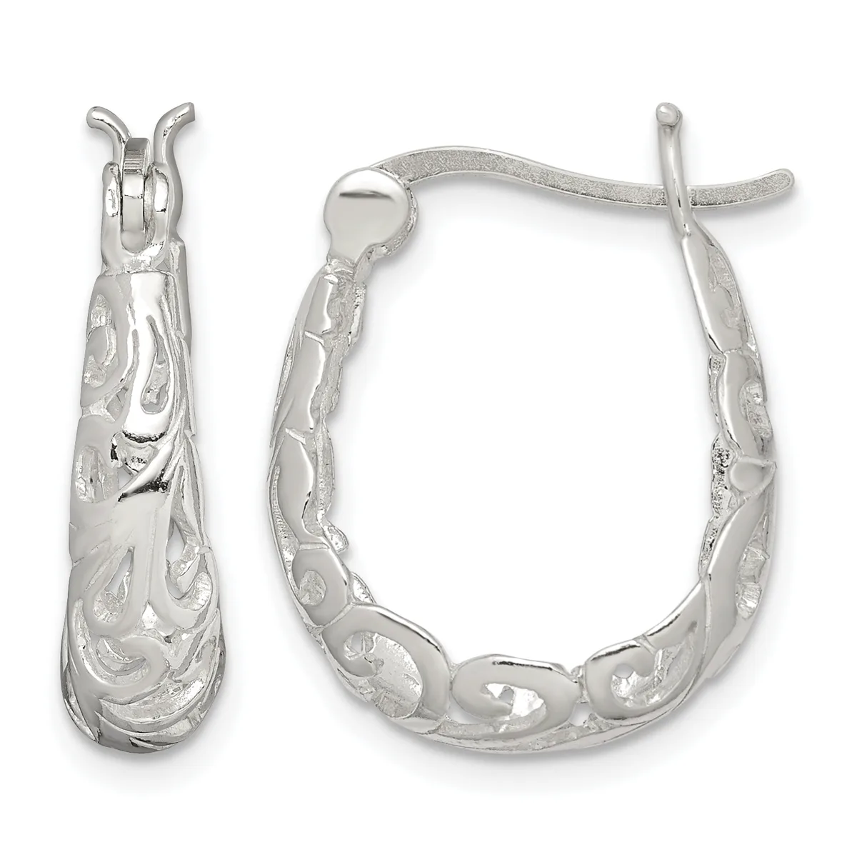 A pair of silver hoop earrings with ornate engraved scrollwork design and lever-back closures, displayed from front and side angles.
