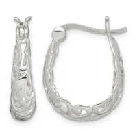 A pair of silver hoop earrings with ornate engraved scrollwork design and lever-back closures, displayed from front and side angles.