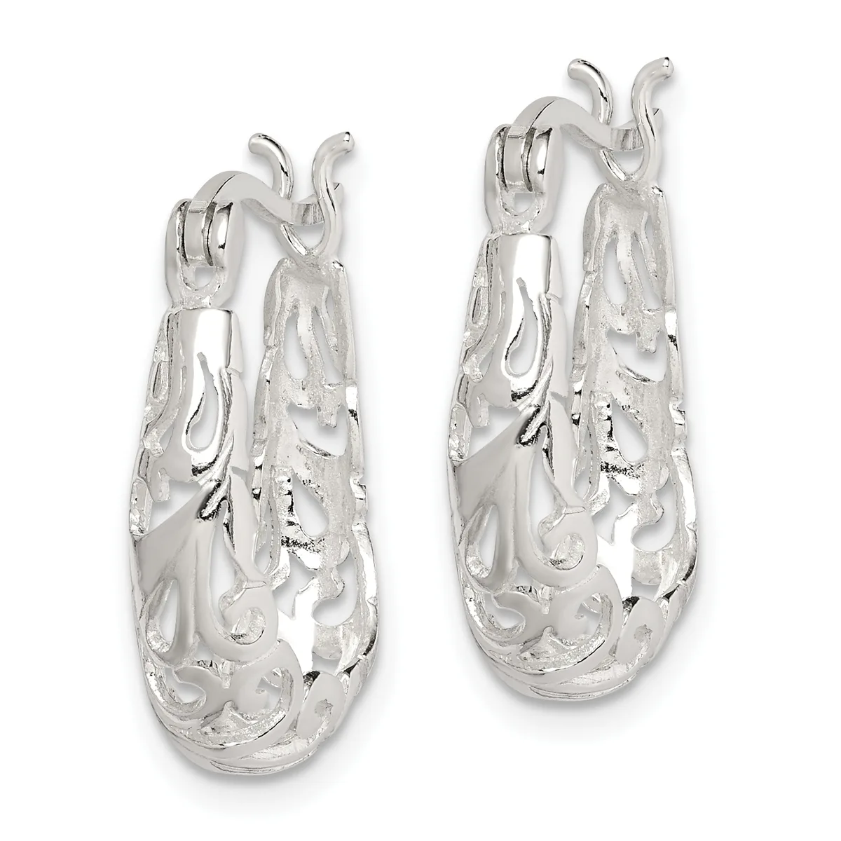 A pair of silver hoop earrings with ornate filigree detailing and a polished finish, displayed against a white background.