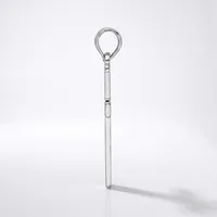A stainless steel eye bolt with a long shaft and threaded collar, photographed against a white background with a soft shadow.