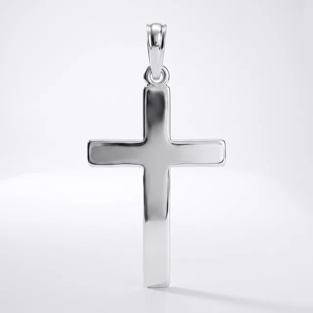 A polished silver cross pendant with a rounded bail, displayed against a white background with a subtle shadow beneath.