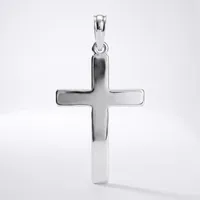 A polished silver cross pendant with a rounded bail, displayed against a white background with a subtle shadow beneath.