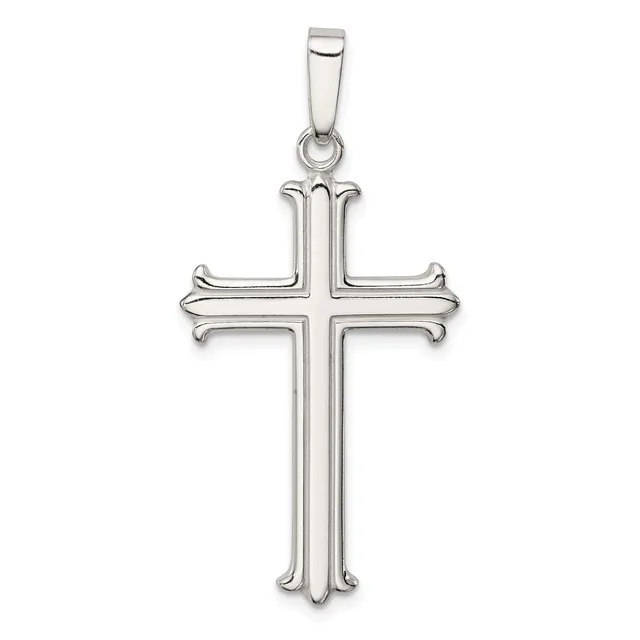 A sterling silver cross pendant with curved flared ends and a small rectangular bail loop at the top, displayed against a white background.