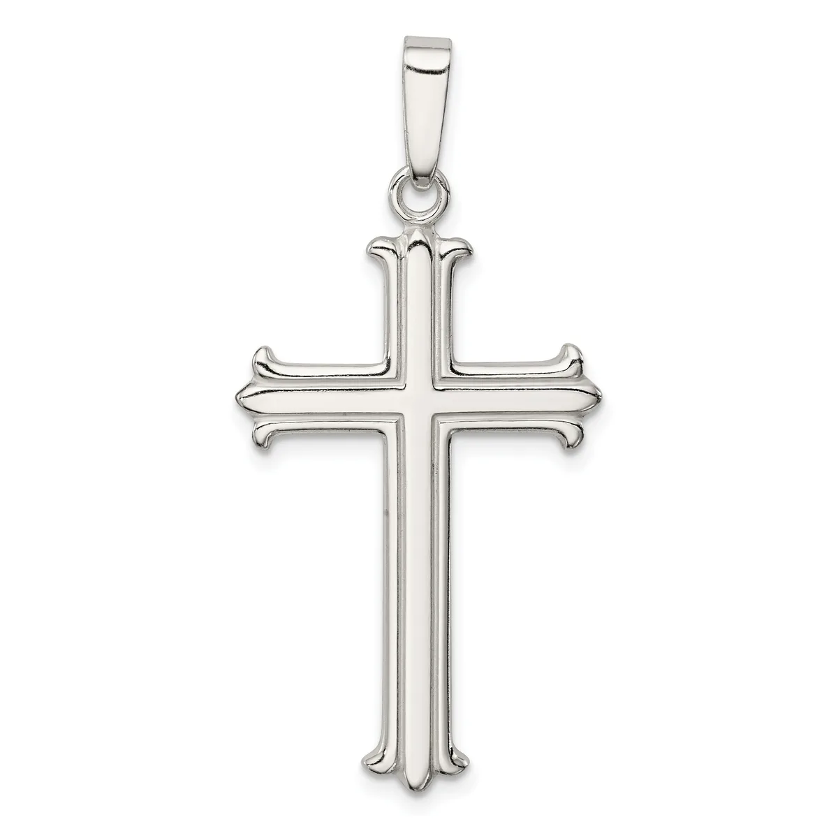 A sterling silver cross pendant with curved flared ends and a small rectangular bail loop at the top, displayed against a white background.