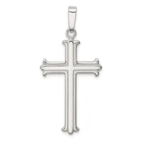 A sterling silver cross pendant with curved flared ends and a small rectangular bail loop at the top, displayed against a white background.