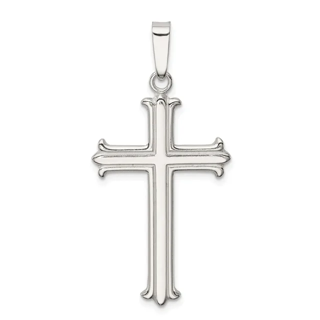 A sterling silver cross pendant with ornate flared ends and a polished finish, suspended from a rectangular bail against a white background.