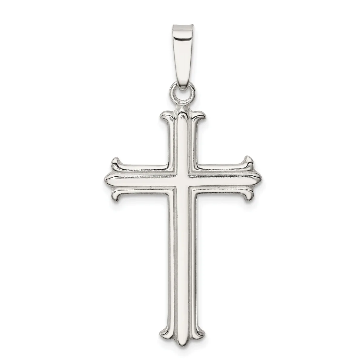 A sterling silver cross pendant with ornate flared ends and a polished finish, suspended from a rectangular bail against a white background.