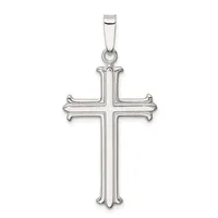 A sterling silver cross pendant with ornate flared ends and a polished finish, suspended from a rectangular bail against a white background.