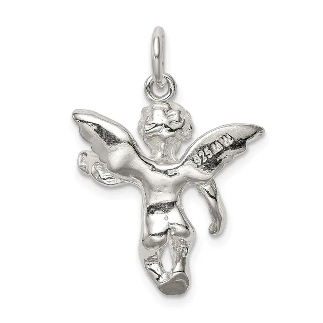 Sterling silver cherub pendant with outstretched wings, shown hanging from a bail loop against a white background.