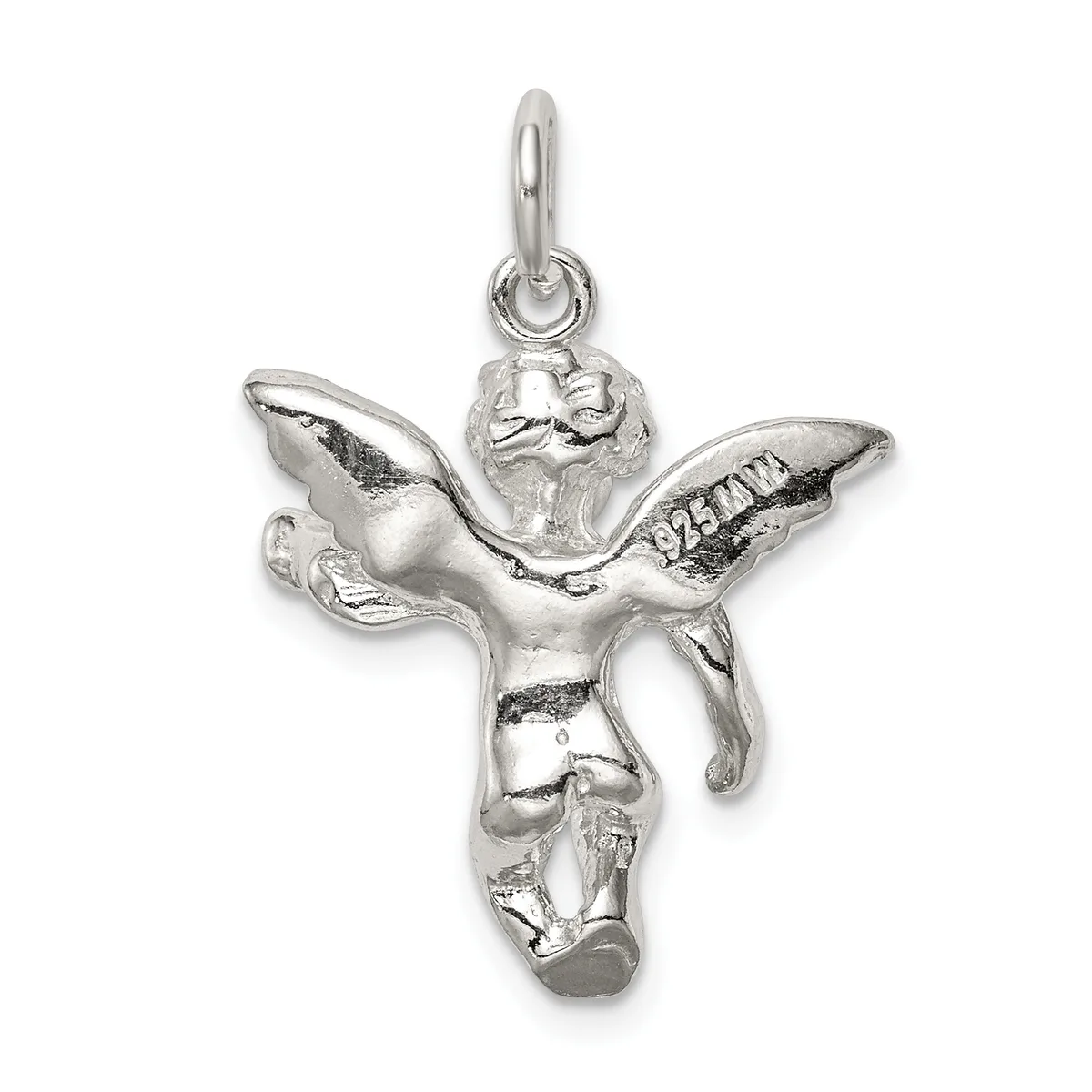 Sterling silver cherub pendant with outstretched wings, shown hanging from a bail loop against a white background.
