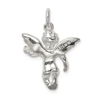 Sterling silver cherub pendant with outstretched wings, shown hanging from a bail loop against a white background.