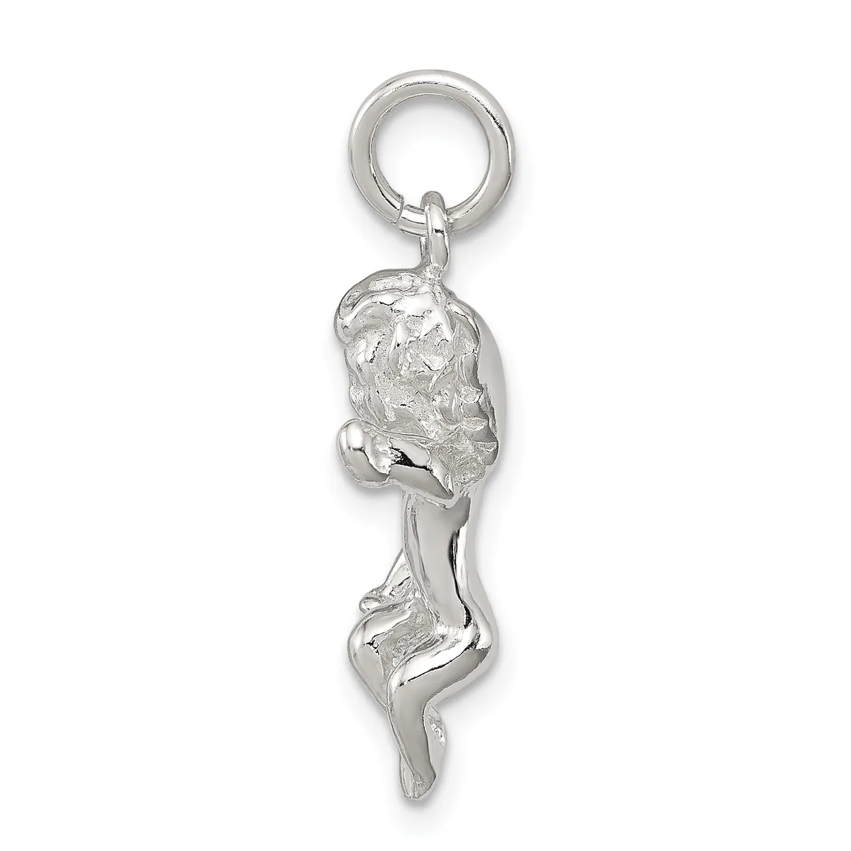 Silver charm pendant featuring a textured spherical head atop an elongated curved body, suspended from a split ring loop.