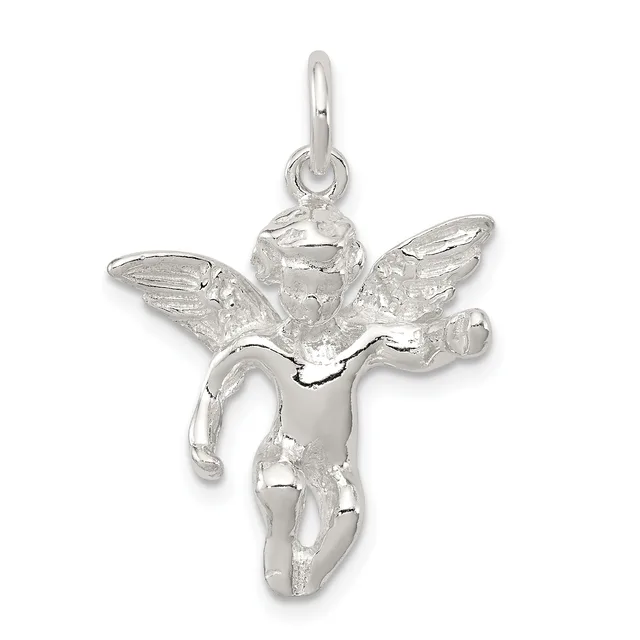 Sterling silver cherub pendant with textured wings and body, shown hanging from a bail against a white background.