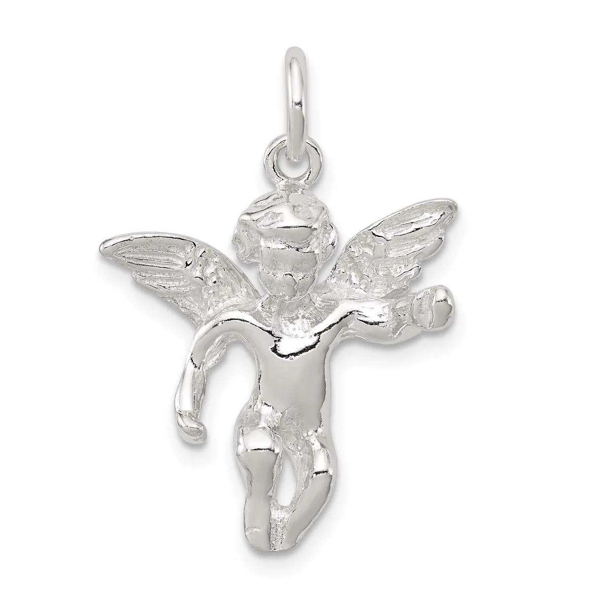 Sterling silver cherub pendant with textured wings and body, shown hanging from a bail against a white background.