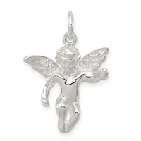 Sterling silver cherub pendant with textured wings and body, shown hanging from a bail against a white background.